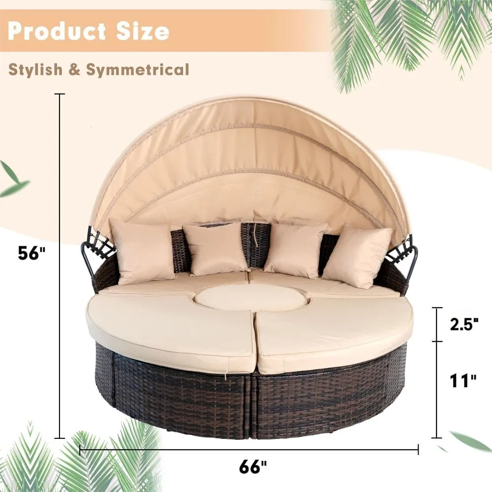 Outdoor Patio Canopy Bed Round Daybed with Washable Cushions, Clamshell Sectional Seating Wicker Furniture