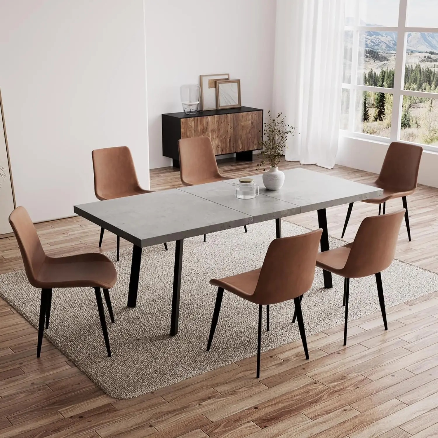 7 Piece Dining Table Set, 62 Inch Modern Kitchen Table with 6 Dining Chairs for 4-6 Person, Expandable MDF Dining Table with