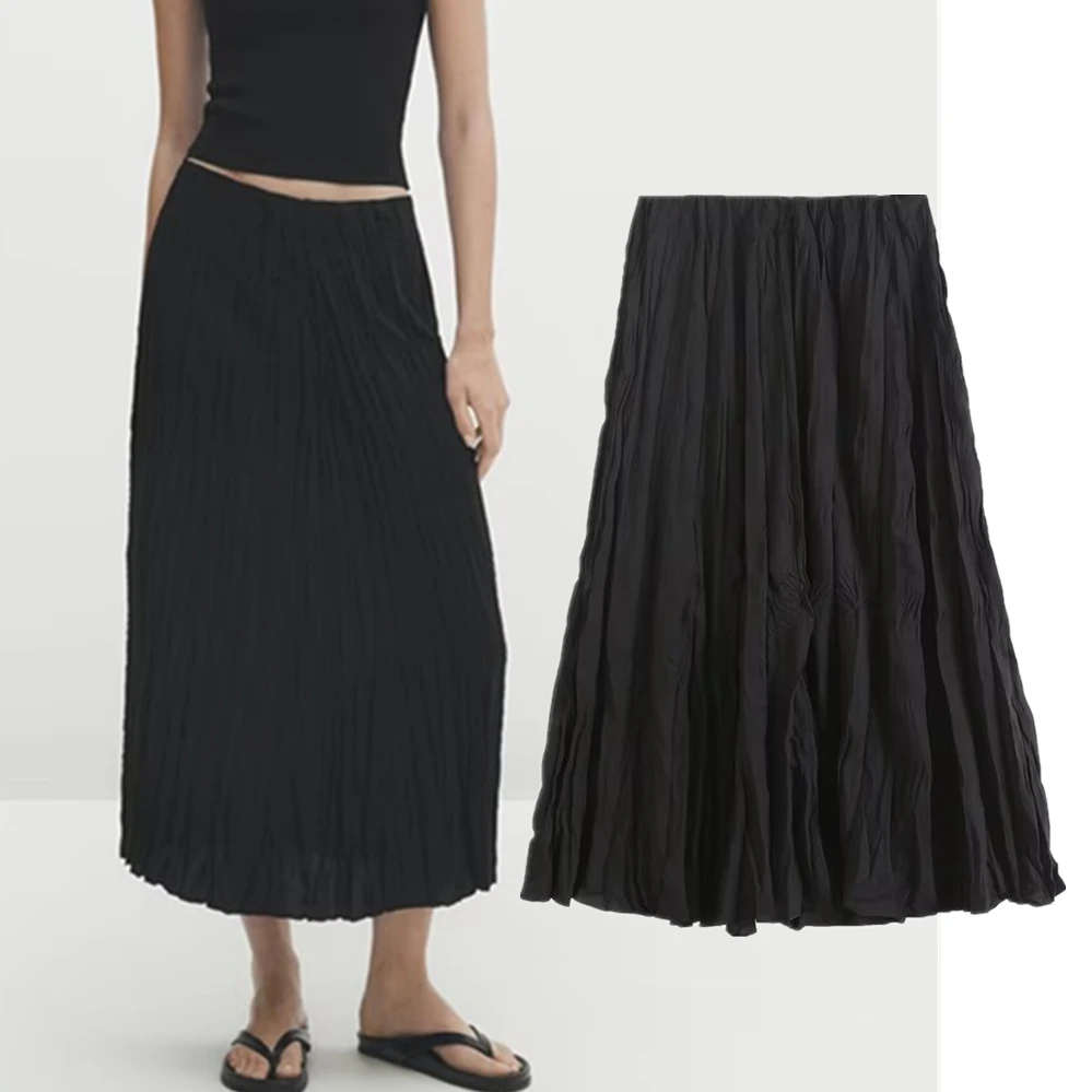 Maxdutti French Office Midi Skirt Women Ladies Fashion Texture Pleated Skirt Retro Casual Commuter Black