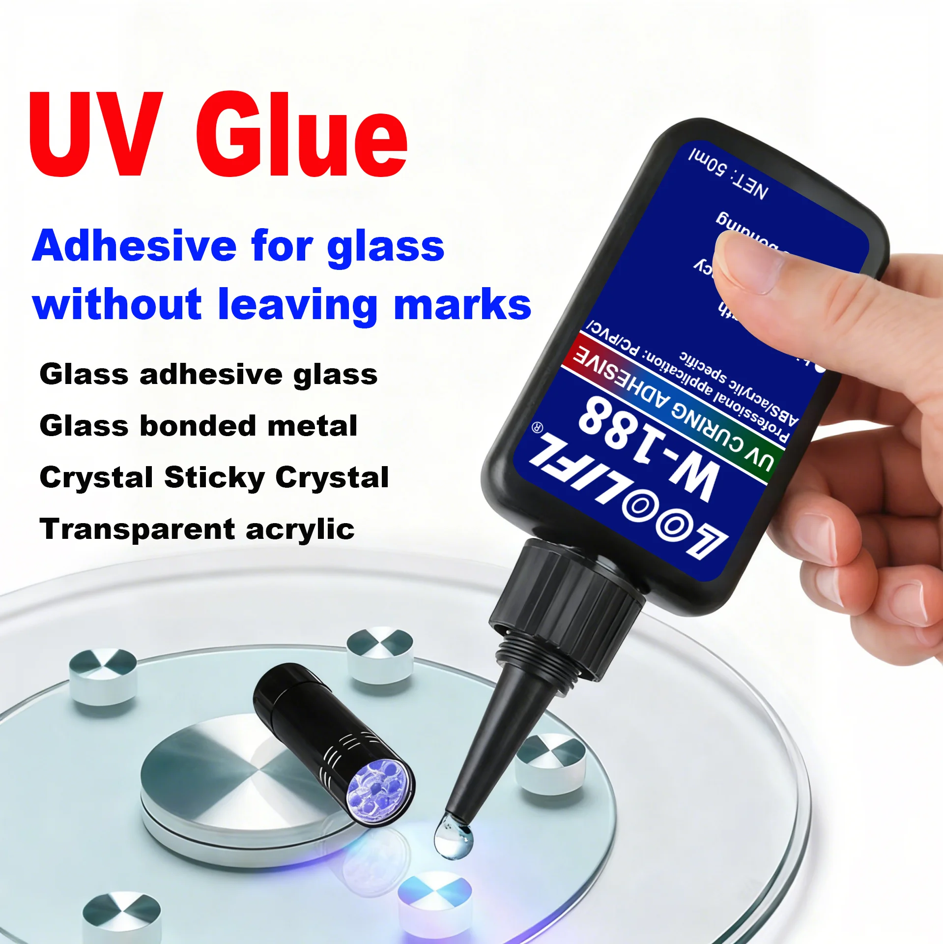50ml Transparent UV Glue: High Strength, Fast Curing (Equipped with UV Flashlight), Suitable for Glass, Crystal, and Handmade DI