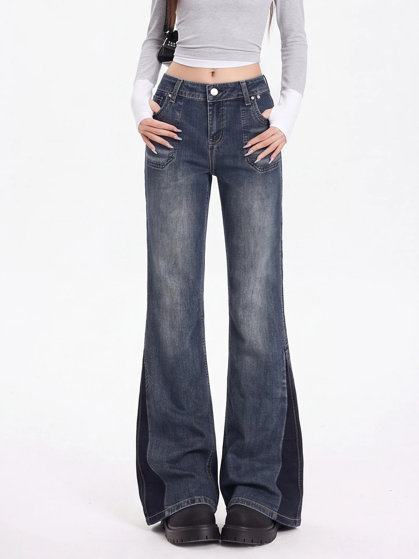 Retro Deep Blue Side Patchwork Micro Flared Denim Jeans Women's High Waist Slimming Floor-Length Pants Casual Cotton Blend