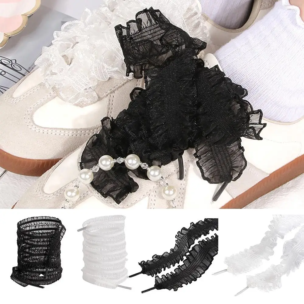 Fashion With Ruffled Trim Laces Shoelaces DIY with Wooden Ear Edge Shoes Laces Black/White DE Training Shoes Laces Men Women