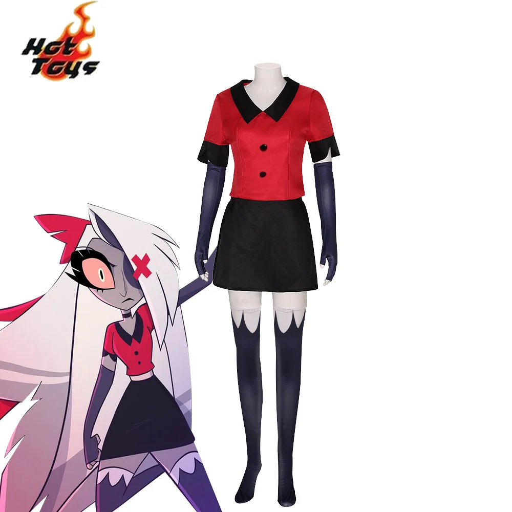 Vaggie Cosplay Costume Haz bin Cos Hotel Red Uniform Top Skirt Gloves Socks Full Set Suits for Adult Halloween Party Fancy