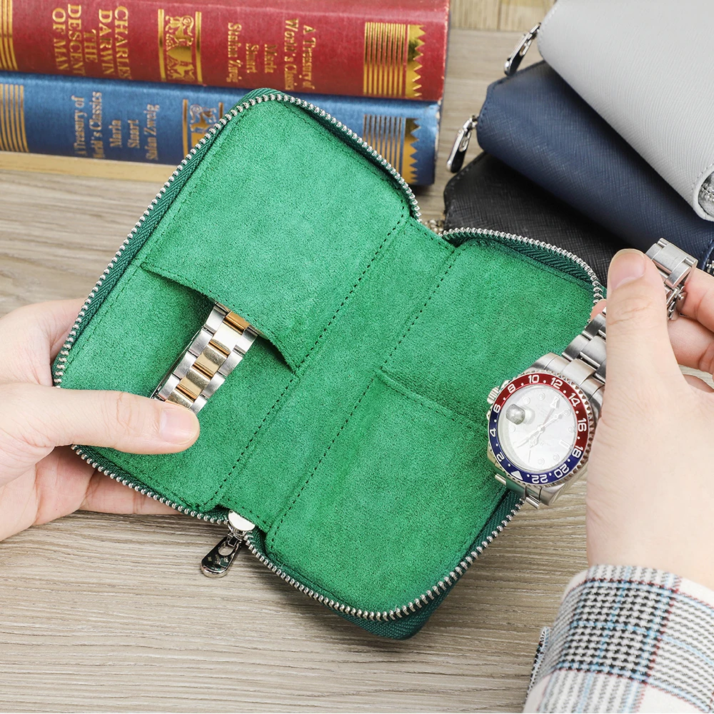 CONTACTS FAMILY 4 Colors Portable Organizer Bag Holds 2 Watch Genuine Leather 2 Slot Watch Box Luxury Pouch with Zipper