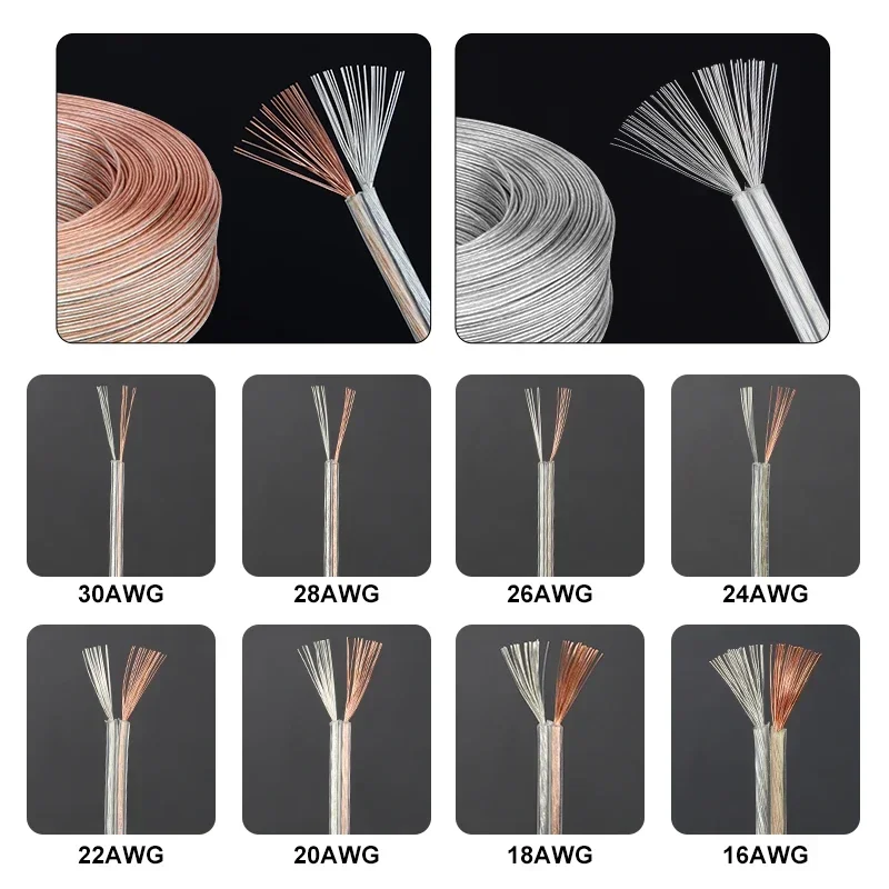 2/10/50m UL2468 Transparent 2Pin Sheath Power Cord 16/18/20/22/24/26/28/30 AWG PVC Insulated Audio Speaker Cable Led Wire Line