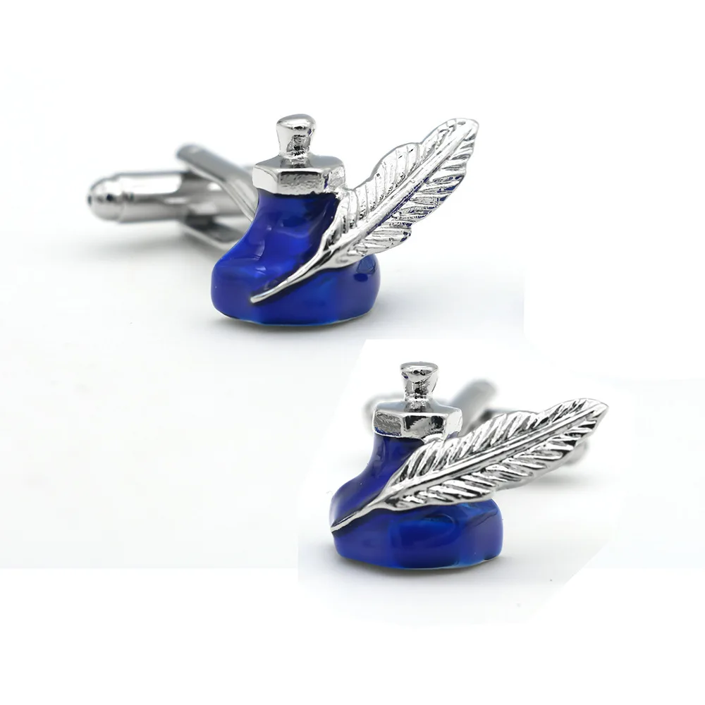 Blue Ink Bottle with Feather Quill Cufflinks Enamel Metal Men Shirt Cuff Links Vintage Writing Stationery Design Suit Gift