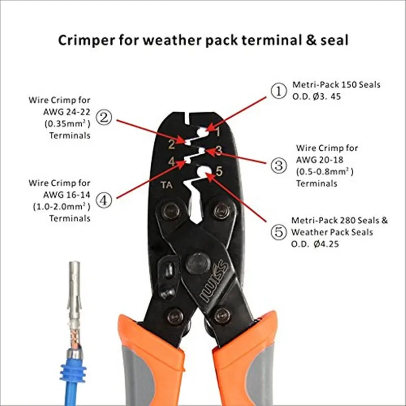 DT Automotive Waterproof Connector Crimping Plier, 0.5-2.0mm² Terminal Crimper Auto Plug Wiring Assembly