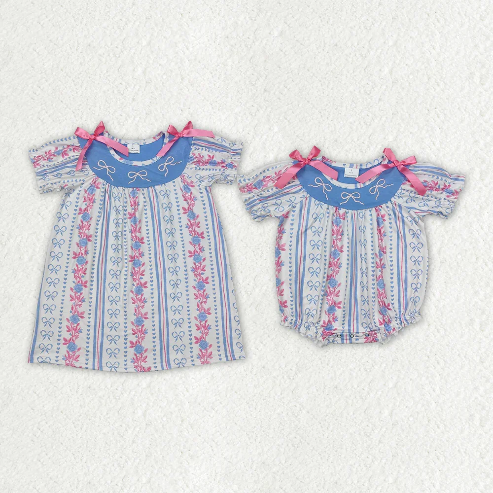 

Baby Girls Blue Pink Bows Rompers Dresses Cute Infant Girl Outfit with Bow Details Soft Cotton Clothes for Newborns