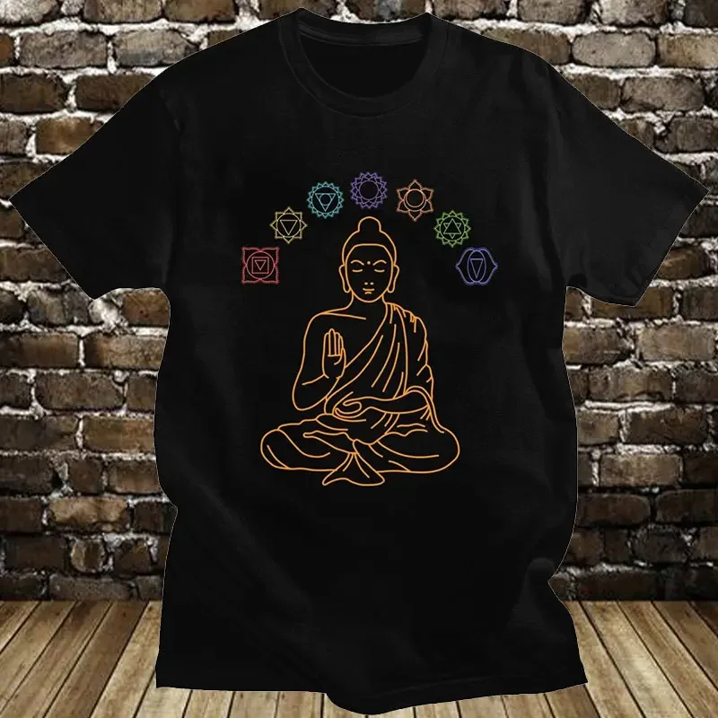 Men Cotton Graphic T Shirt Seven Chakras Meditating Buddha Tshirts O-Neck Streetwear Men Buddhism Mandala Tee Tops Fitted Gothic