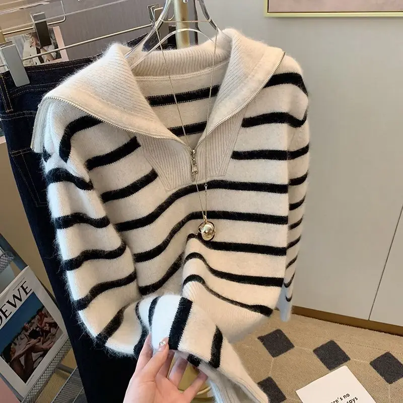 

Полосатый вязаный свитер на молнии в стиле пэчворк, уличные свитера, осень-зима, молодежные свободные повседневные топы с длинными рукавами, модная женская одежда для ленивых