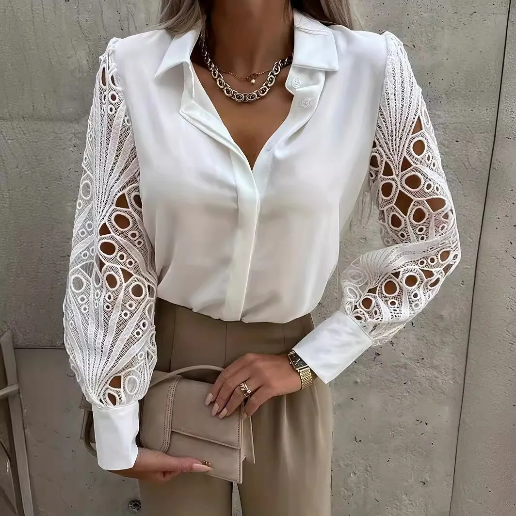 Moda Top z długim rękawem Femme White Laec Patchwork Shirt Women 2024 Spring Autumn Casual Office Ladies Blouses And Tops Womens