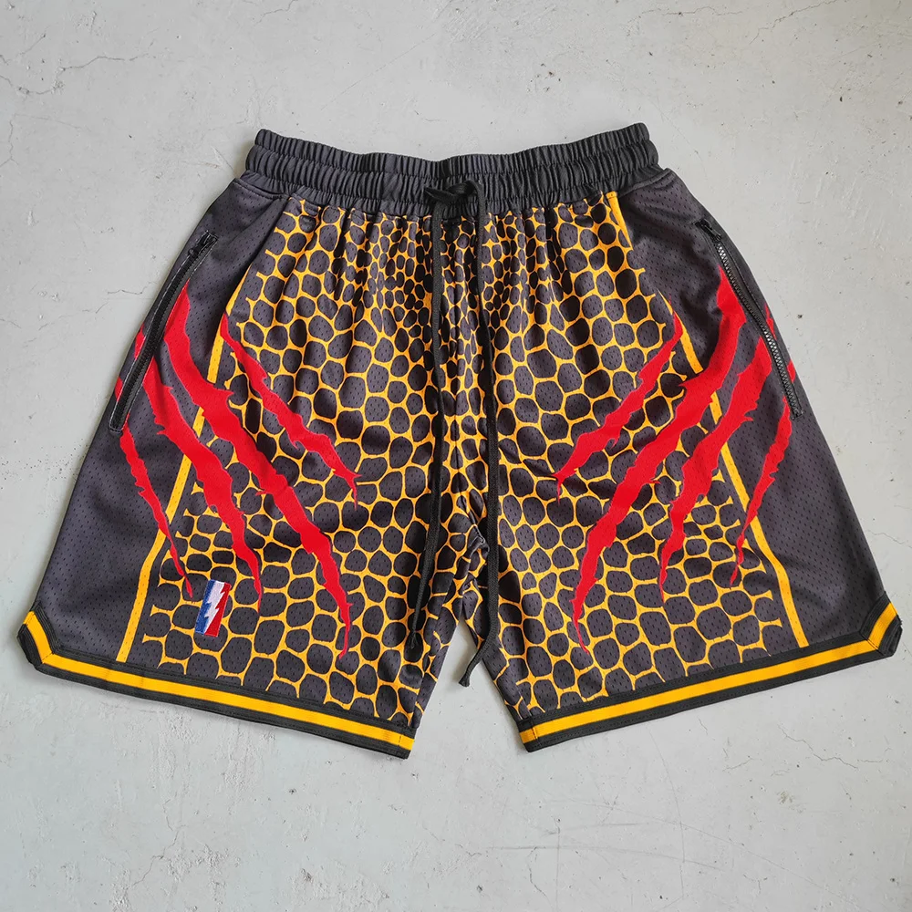 TRILLEST Los Angeles Style Black Mamba Spirit Scratch Printed Basketball Shorts with Zipper Pockets Street Wear Training Pants