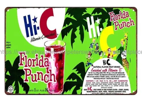 1960s Hi-C Florida Punch metal tin sign living room cafe  pub wall art