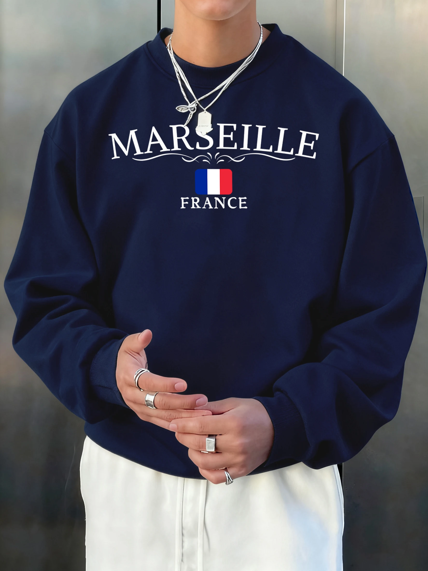 Marseille Frankreich Buchstaben- und Flaggen-Print Herren Fleece Retro Sweatshirt Frühling Trendiges Oberteil All-Match Lockerer Langarm Sport Pullover
