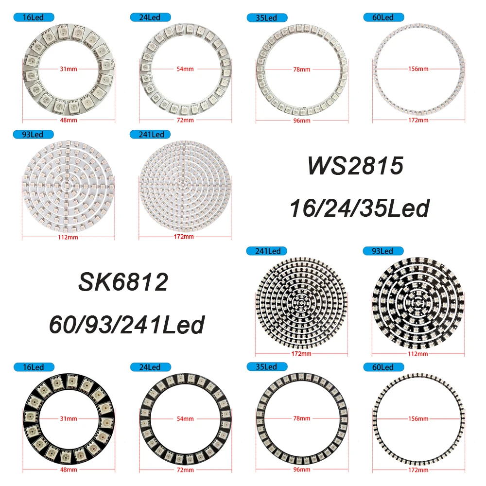 SK6812/WS2815 DC 12V LED Ring Light Color 3Pins Individual Pixels Round Module 5050 RGB Built-in IC Black White PCB