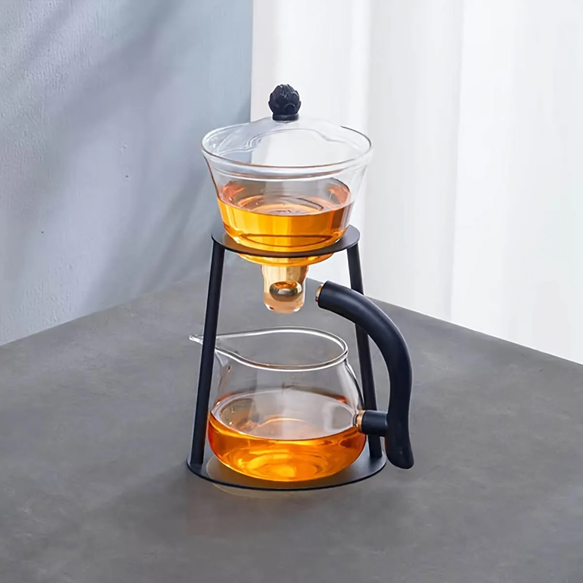 1 Set Glass Teapot Set Lazy Kungfu Tea Pot Set Semi-Automatic Drip Tea Set With Infuser Office Blooming Tea Maker Iron Base