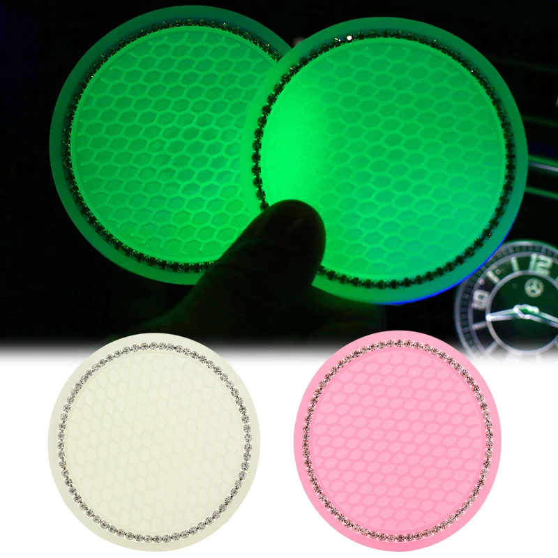 Luminous Car Cup Mat Non-slip Rhinestone Inlay Car Coaster Pad Water Cup Pads Bottle Holder Rubber Mat Car Styling Accessories