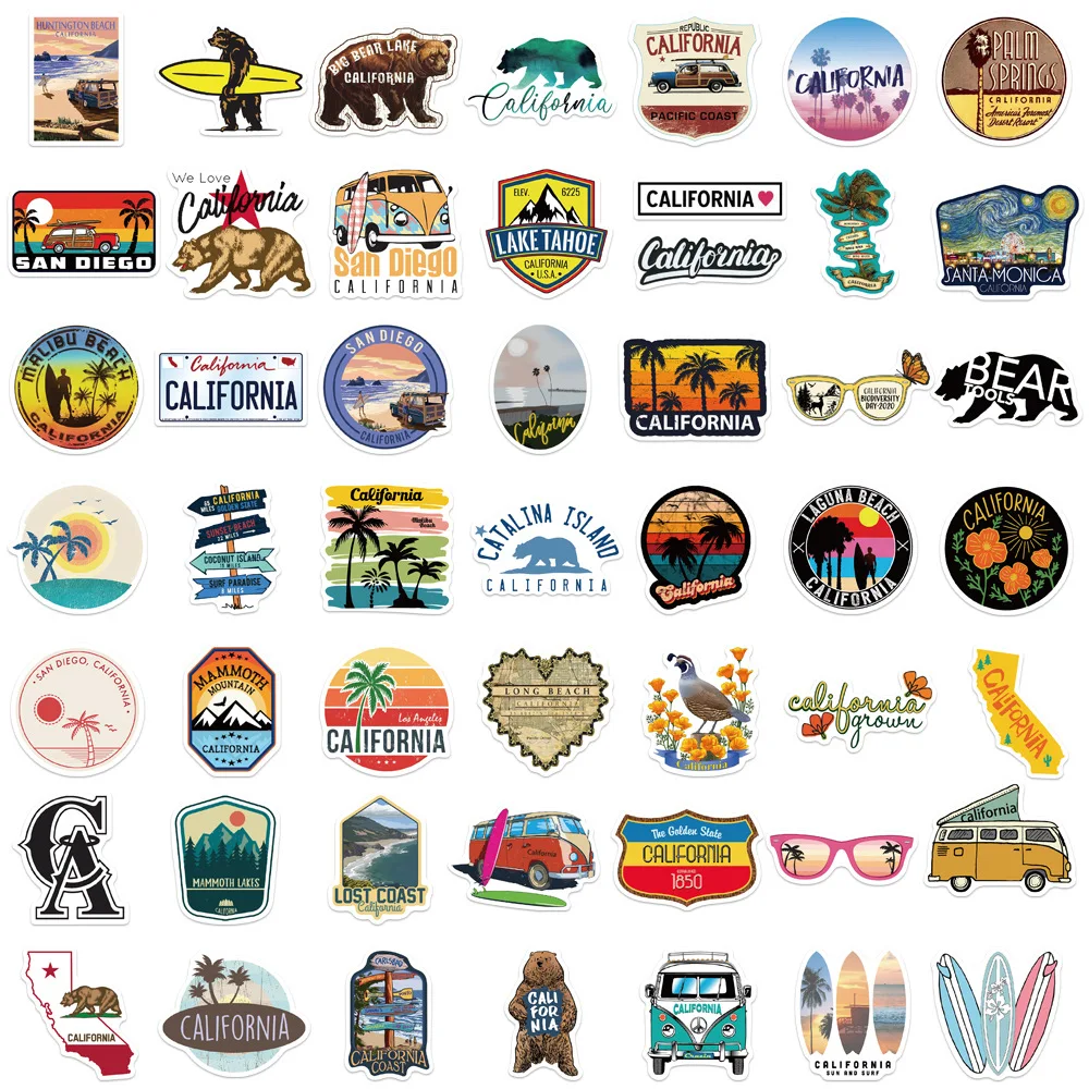 10/30/50Pcs California Stickers For Luggage Skateboard Phone Laptop Moto Bicycle Wall Guitar Sticker DIY Waterproof Sticker