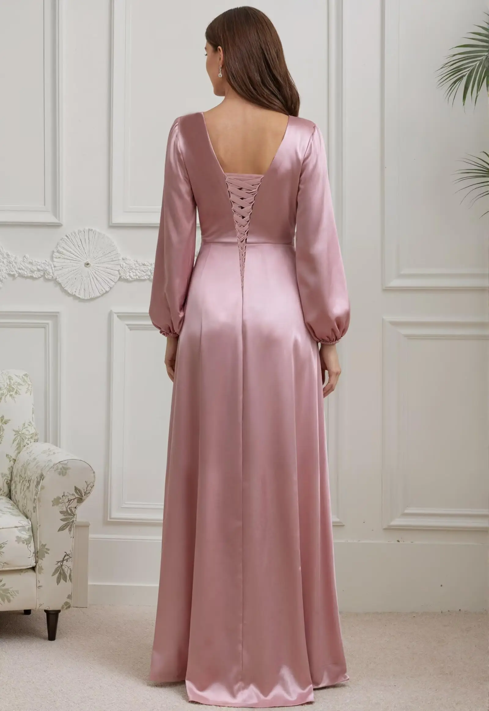 Gaun Pengiring Pengantin Satin untuk Wanita Gaun Tamu Pernikahan Lengan Panjang Model A-Line