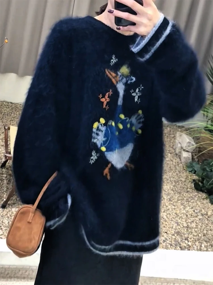 

Корейский мягкий свитер с мультяшным принтом, круглый вырез, большой размер, модный, универсальный, антивозрастной, теплый, с длинными рукавами, шерстяной