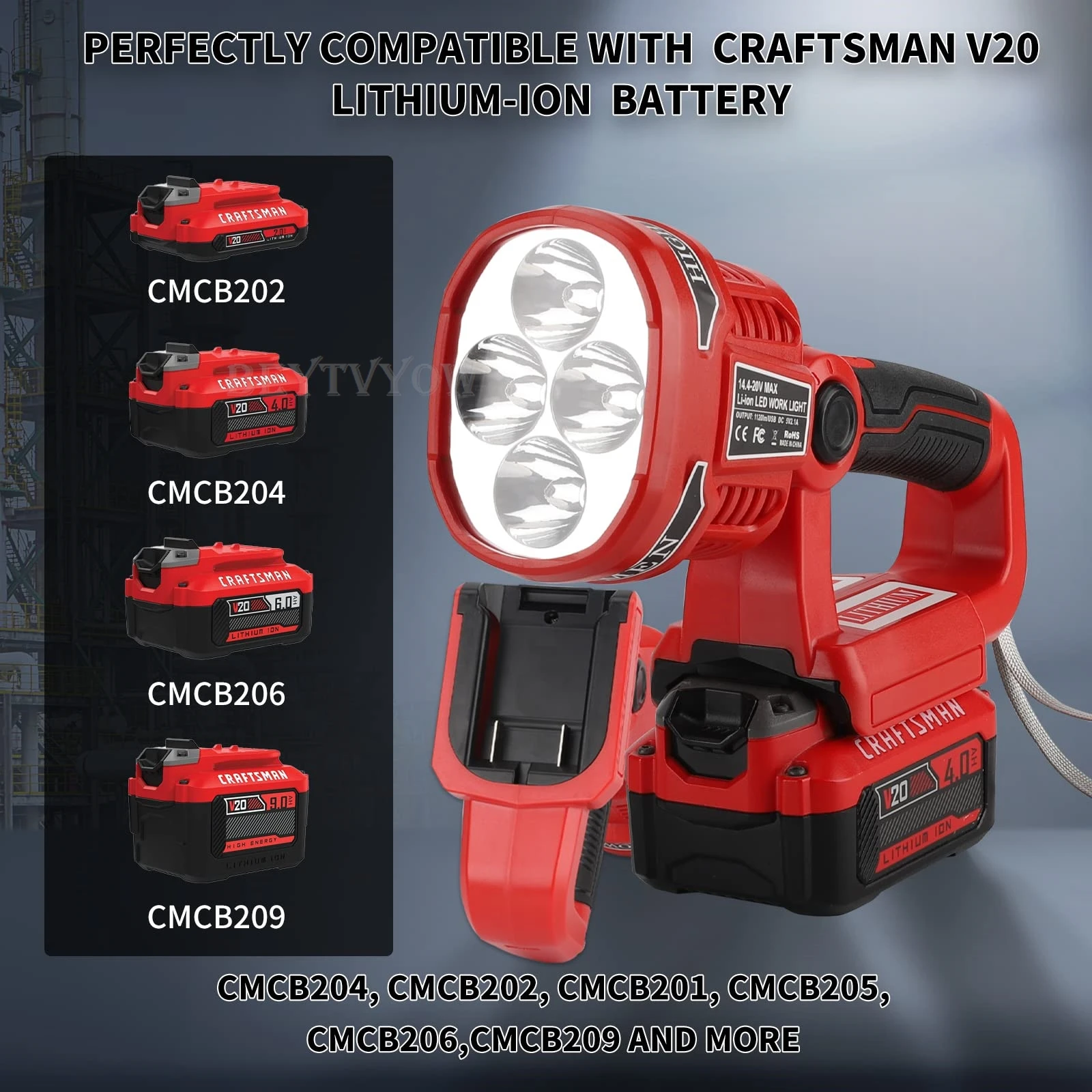 Lumière de travail LED sans fil 1120LM pour batterie artisan V20 12W lampe de poche rechargeable portable alimentée par batterie 20V avec port de charge USB 5V/2.1A 3 modes de lumière 110 ° tête pivotante pour réparation de voitures camping d'urgence