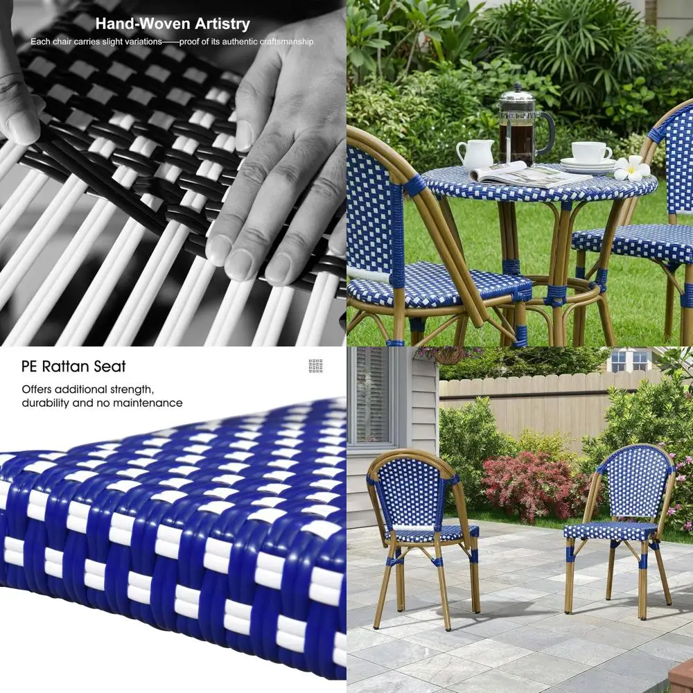 

Handwoven French Wicker Bistro Chairs Set of 2, Blue Bamboo Print, Suitable for Indoor & Outdoor Use
