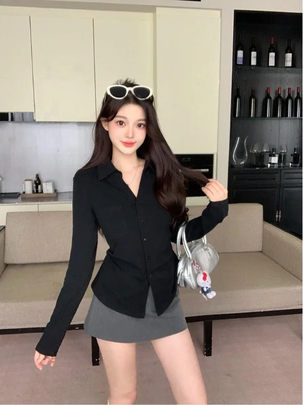 

plus Size Women's Ele Long Sve irt Slim Fit High Waist Pleated Faionable Spring Summer New Sle Korean Sle Commute