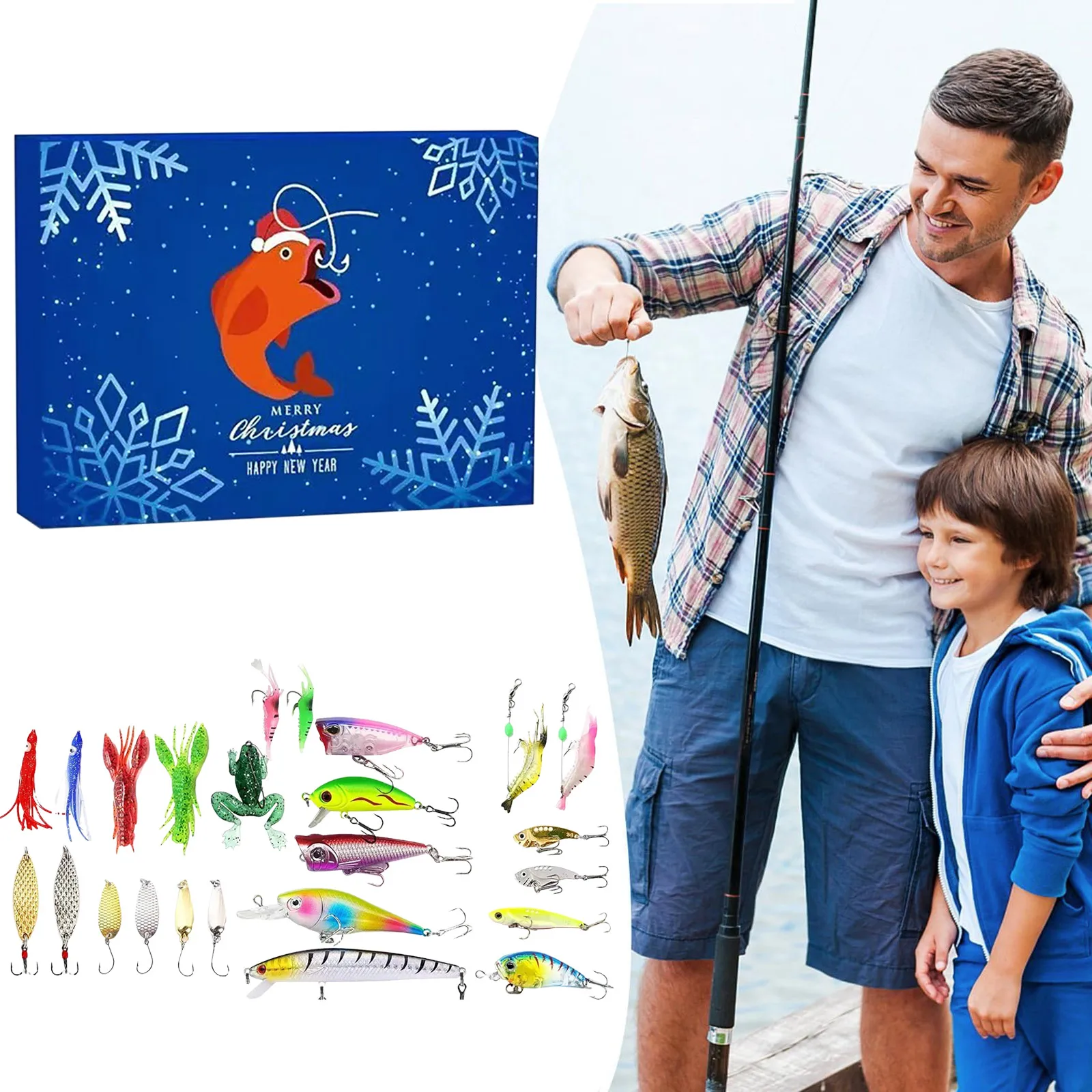 Reloj preescolar Calendario de Adviento de pesca 2025 Hombres adultos Adolescentes Niños 24 días Botón de cuenta regresiva de Navidad Luces de batería con temporizador