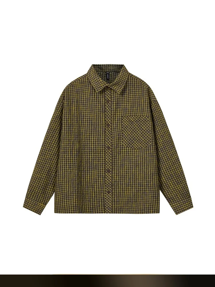 

American Retro Color Blo Plaid ket irt Men's Spring New Lazy Sle Couple Turn Collar irt Loose Fit Youth Trend