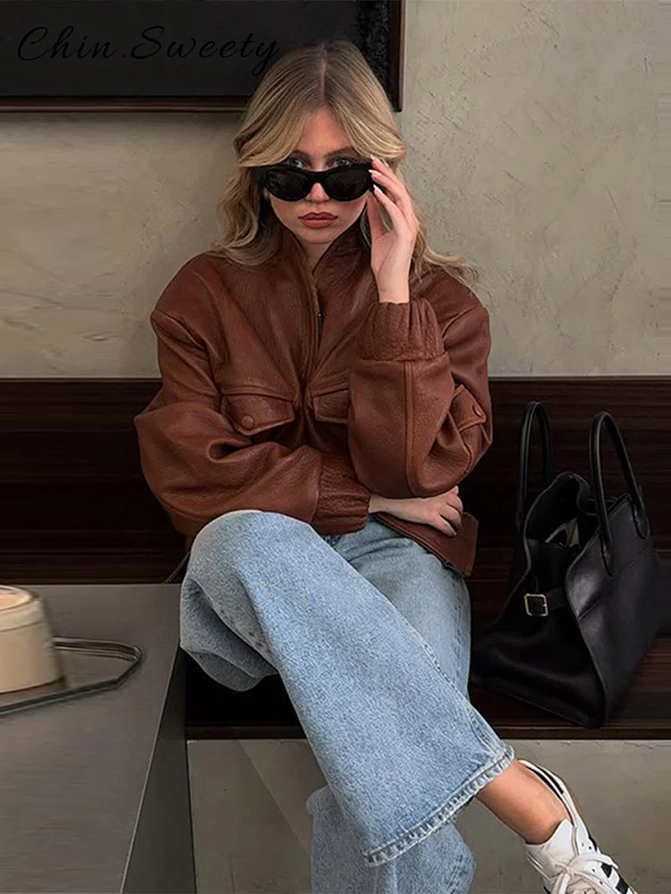 

Street Pockets Jackets Women Fashion Solid Stand Collar Full Sleeve Zipper Jacket 2025 Autumn Lady Casual All-match Outwear New