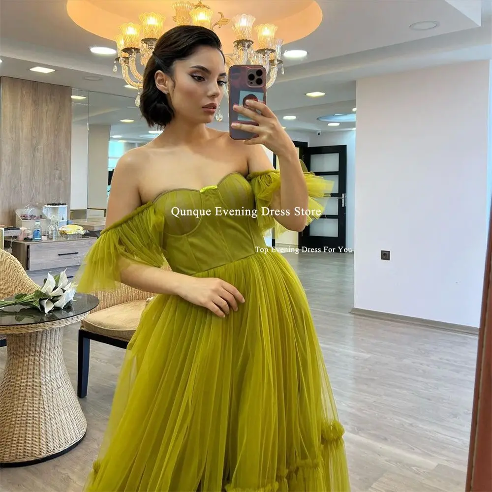 Qunque Luxury Sweetheart Tulle Evening Dress Women Formal Prom Party Gown Customized Short Sleeves Ruched Galadress Vestidos