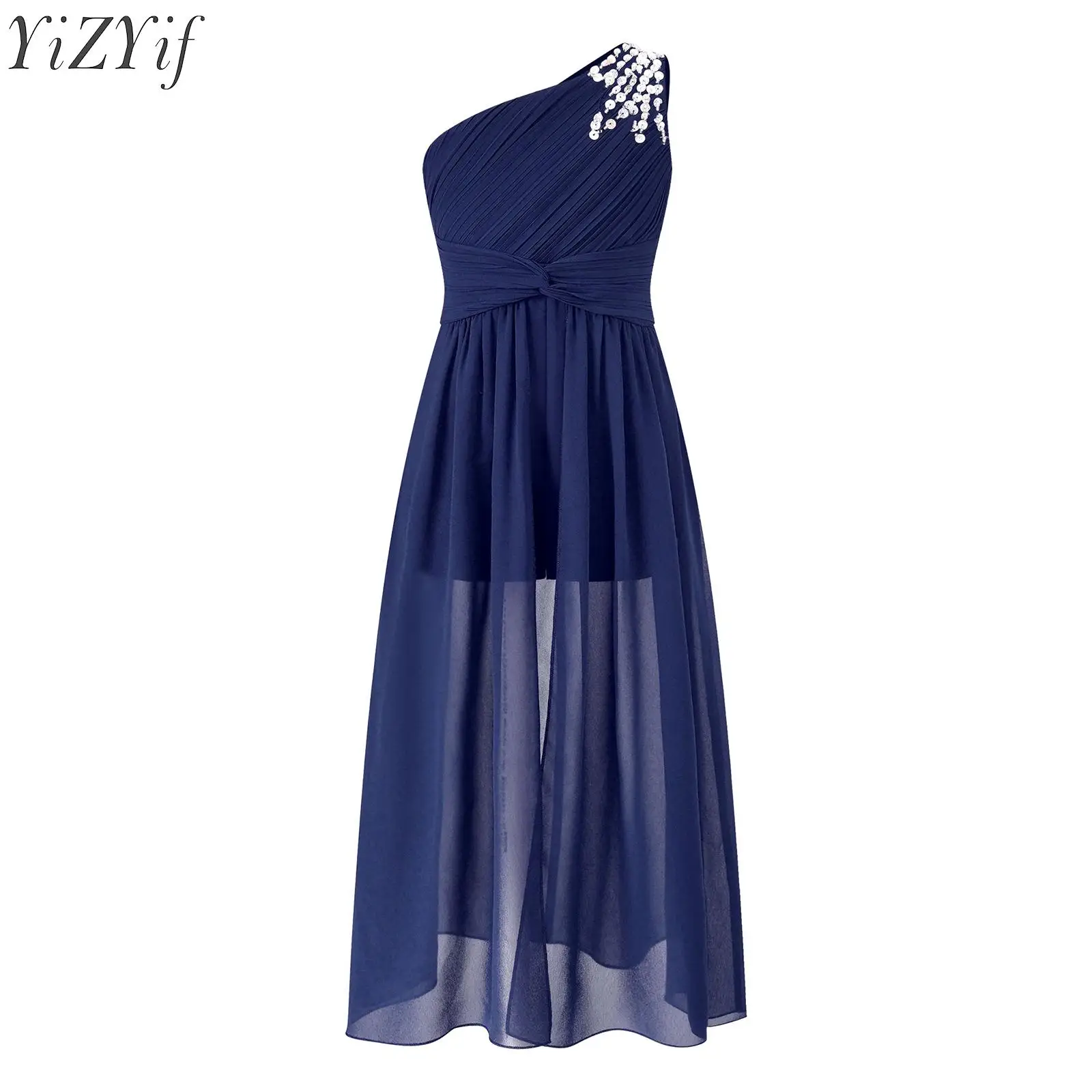 

Kids Flower Girls Dress Sleeveless One Shoulder Ruched Knot Princess Summer Chiffon Wedding Bridesmaid Formal Birthday Dress