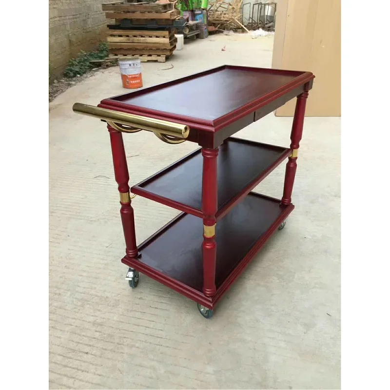 Wooden hand push three-layer service cart, movable hotel luxury food delivery cart, wine cart