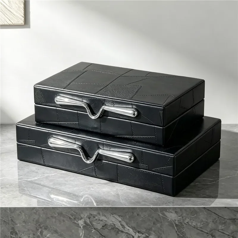 Minimalist light luxury black irregular splicing leather solid wood tray desktop decoration photo frame table storage box