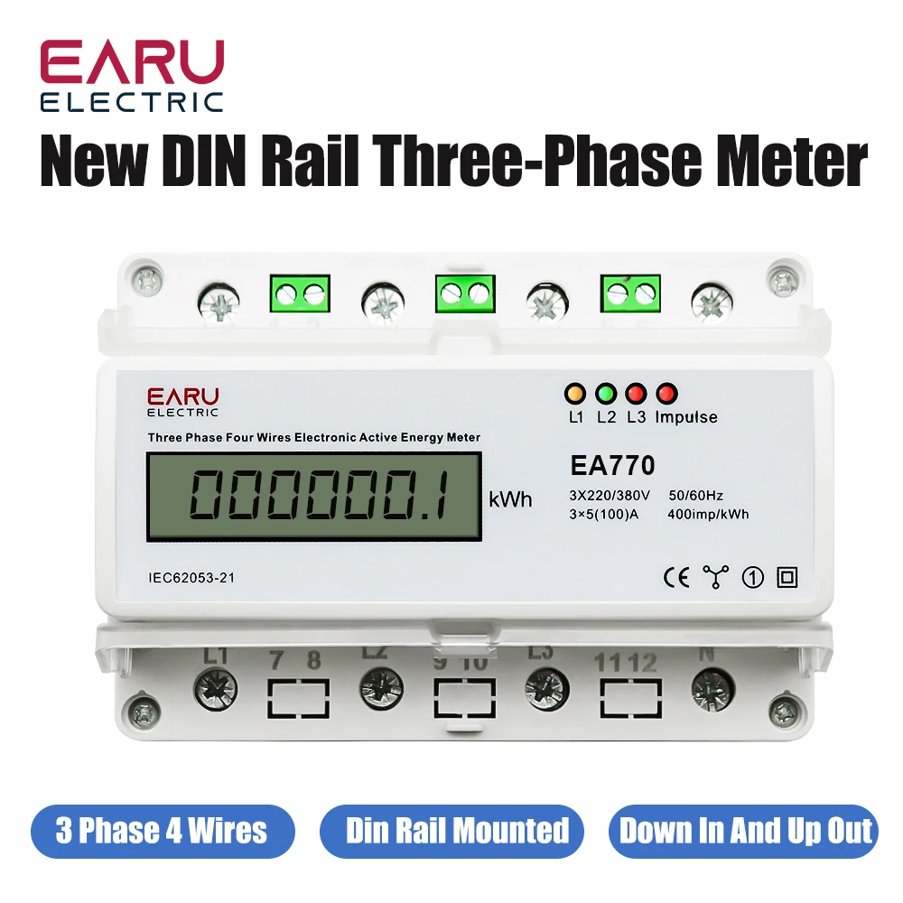 Three Phase Four Wires Eelectronic Active Energy Meter kWh Power Consumption Monitor DIN Rail 50/60Hz 3*5(100)A 3*220V/380V