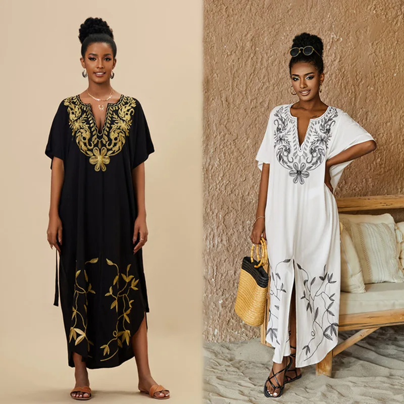 

2025 Elegant Embroidered Short Sleeve Street Wear Maxi Dress Long Kaftan Blue Tunic Women Beach Wear Swim Suit Cover Up Q1517