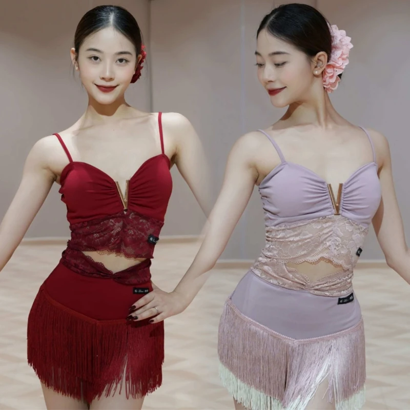 ฤดูร้อนเซ็กซี่เต้นรําละตินเสื้อผ้าลูกไม้ละติน Top Tassels กระโปรงสตรี Chacha Samba Latin Dance ชุดฝึกสวมใส่ SL12911