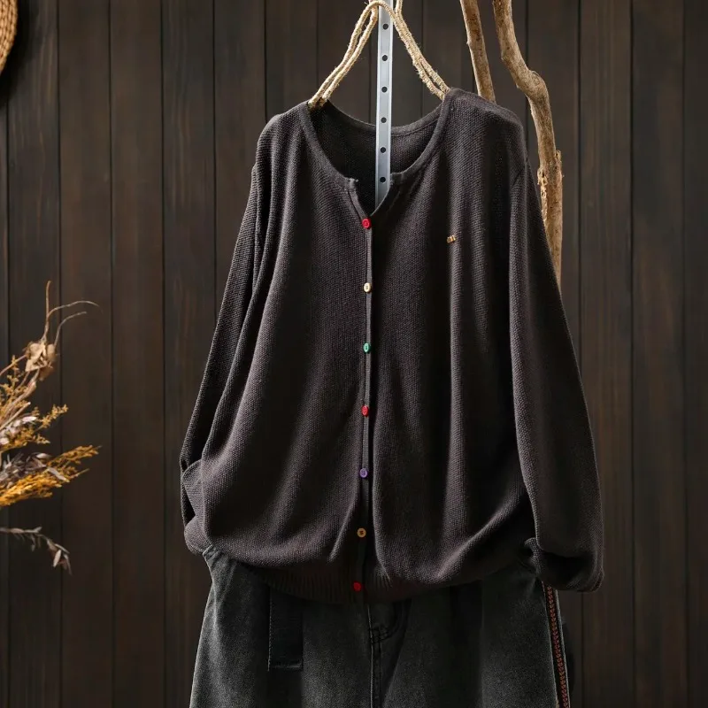 

Однотонный кардиган на пуговицах с длинными рукавами, свободный топ для женщин, модный повседневный универсальный свитер