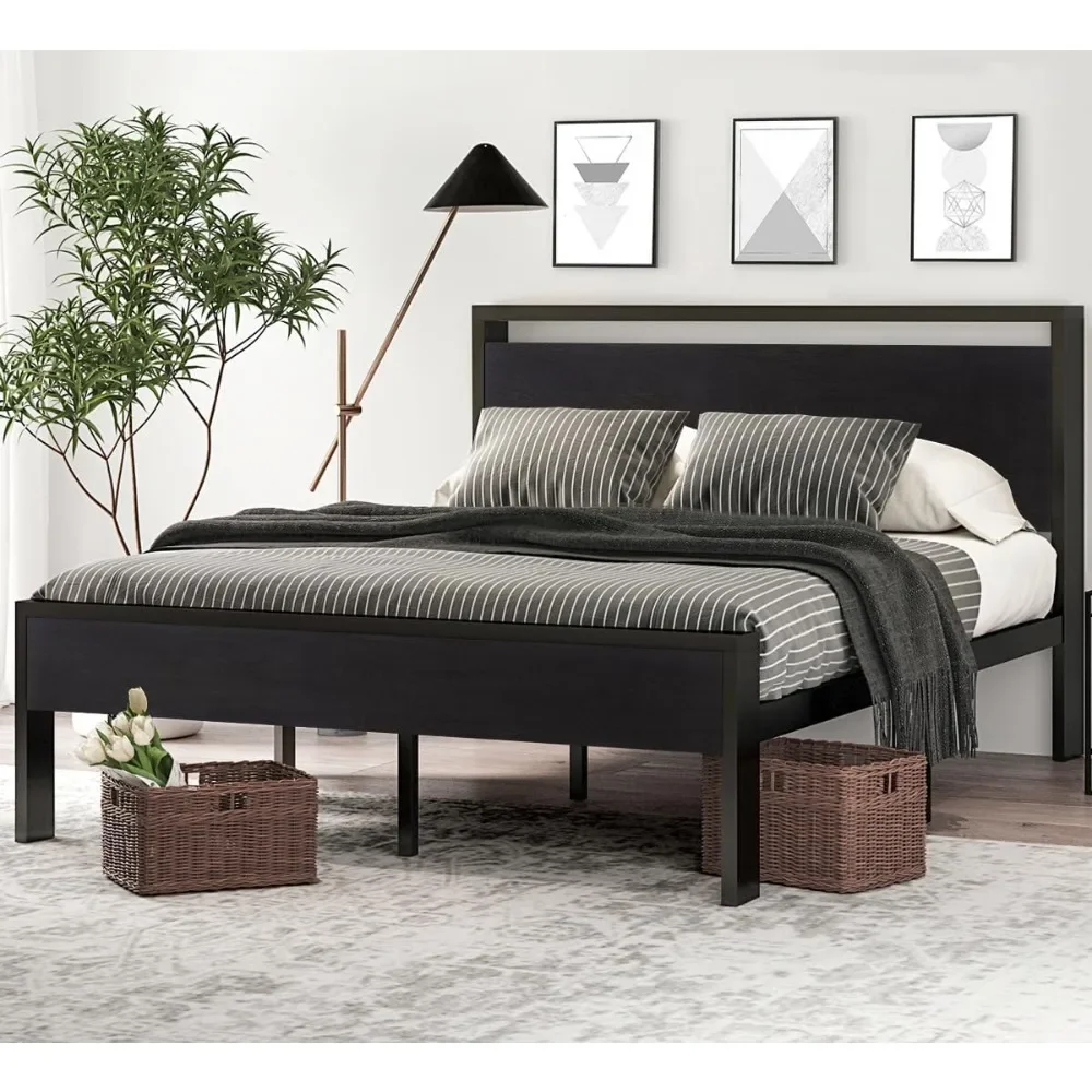 

14 Inch Queen Size Metal Platform Bed Frame with Wooden Headboard and Footboard, Mattress Foundation, No Box Spring Needed