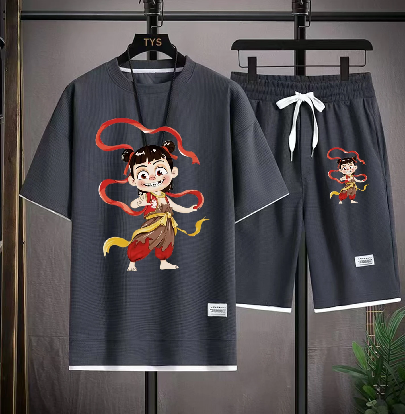 

2025 New Summer Men's Waffle Set Casual T-shirt and Shorts Set Men's Sports Set Solid Color Sports Set Loose Set