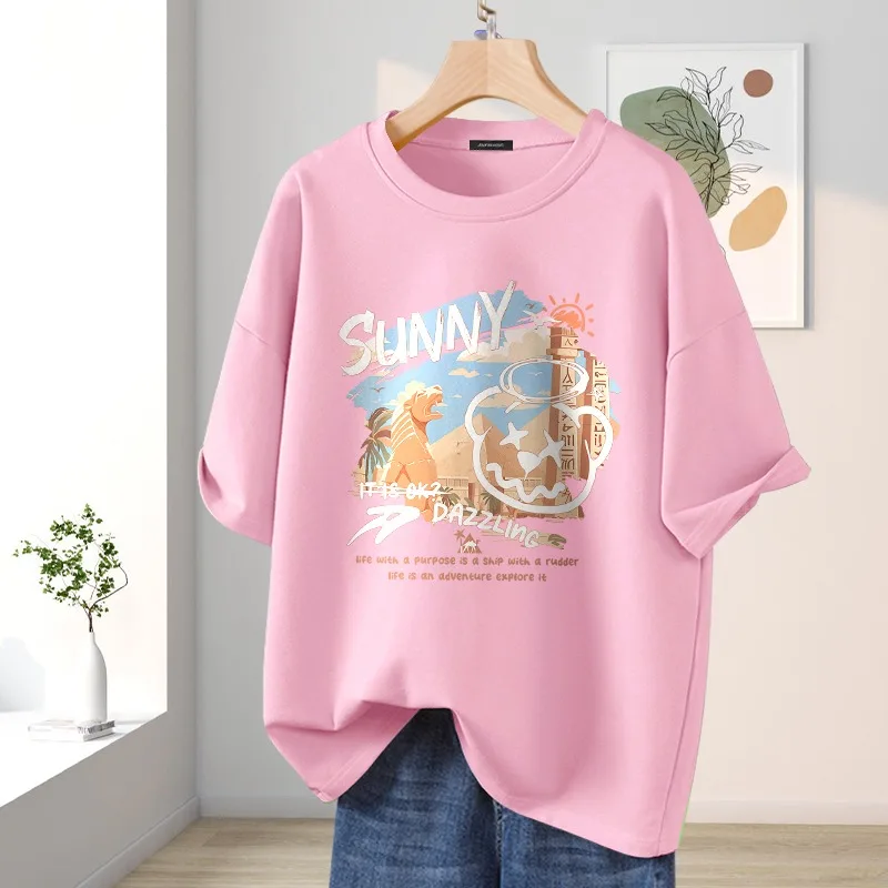 Summer Y2k Cartoon Printed O-neck Short Sleeve Top Tee, Women Clothing Vintage 100% Cotton T-shirt, Casual Loose Basic Pullovers