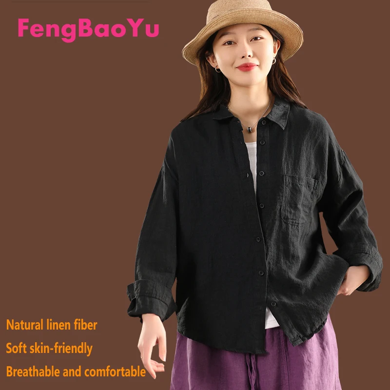 

100% Natural Pure Linen Women's Shirt, Long-sleeved Lapel Elegant Top, Outdoor Casual Fashionable,Breathable and Sweat-absorbent