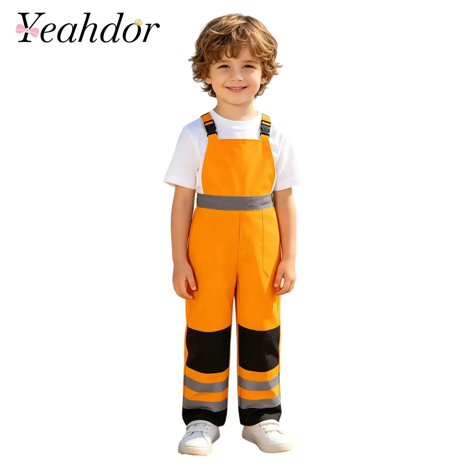 Kids Boys Girls Reflective Strips Overalls Water Resistant Color Block Suspender Trousers with Pockets for Outdoor Activities