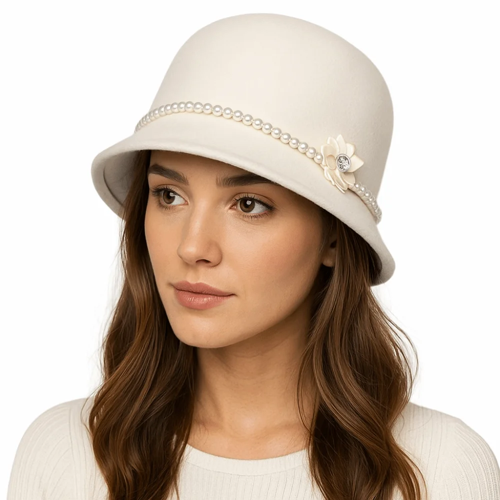 Chapeau de pêcheur Simple en perles et fleurs, couleur unie, chaud, Style français, Hepburn, seau en laine pour dames