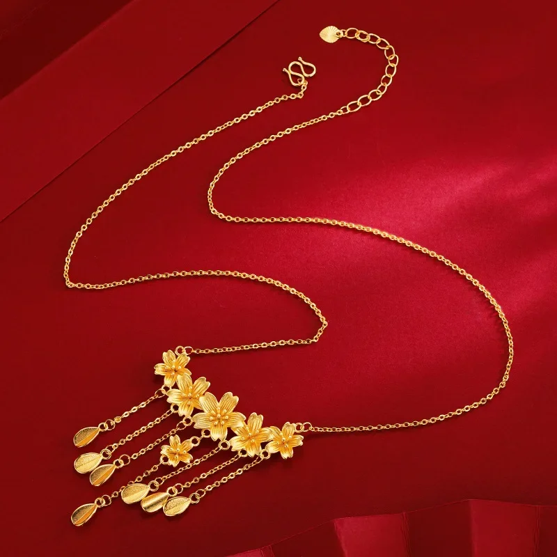 

9999 Real Gold 24K New Chinese Premium Flower Wedding Cherry Blossom Set Chain Bridal Wedding Flower Necklace Set Chain