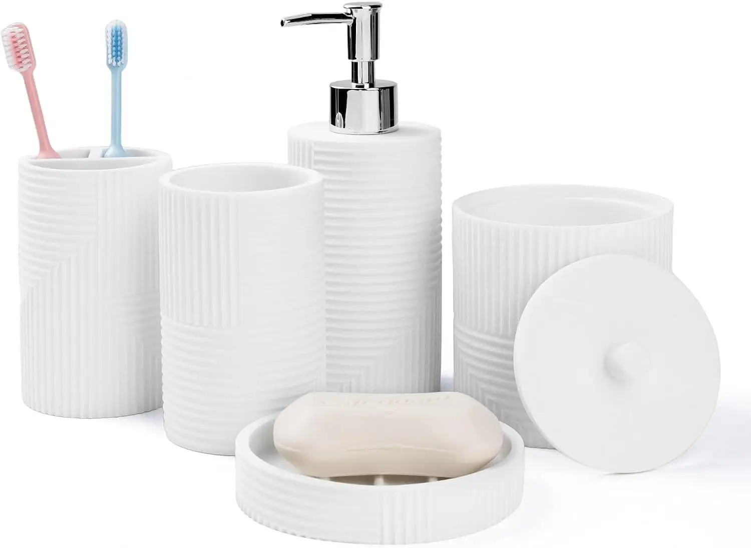 

White Bathroom Accessories Set, 5 Pcs Bathroom Accessories Set Complete, Resin Soap Dispenser and Toothbrush Holder Set, Tumbler