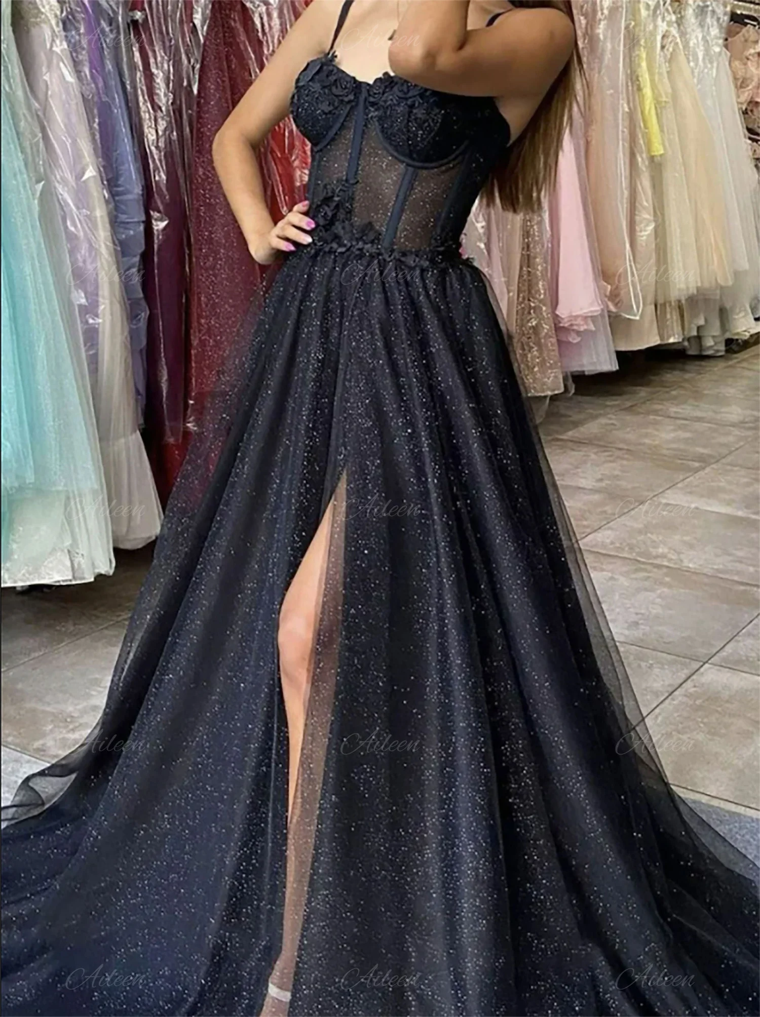 Aileen Sexy Elegant Dresses for Women Evening Dress Thin Suspenders Prom Dresses 2023 Sweetheart Black Side Slit Shiny Robe Long