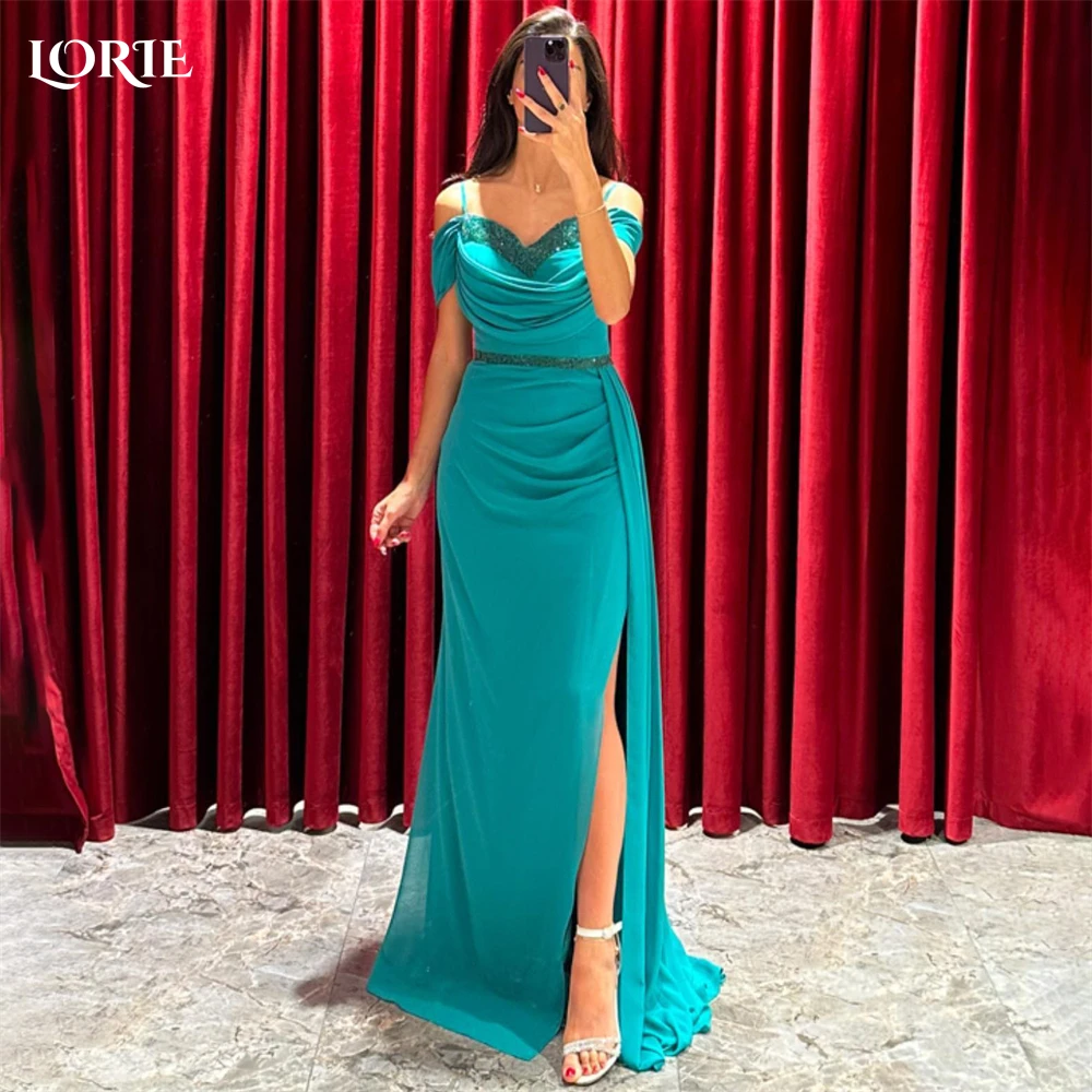 

LORIE Water Blue Elegant Evening Dresses Mermaid Glitter Silt Bodycon Pleats Formal Prom Spaghetti Straps Bridesmaid Party Gowns