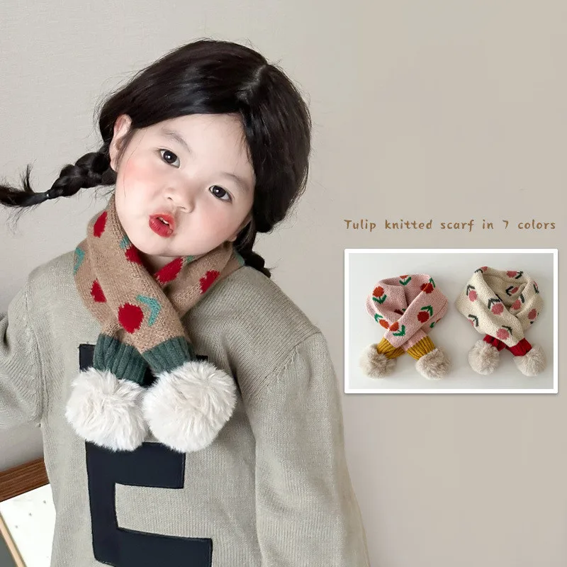 

Autumn Winter Warm Baby Kids Scarf for Boy Girl Jacquard Flower Knitted Cross Neck Ring Muffler Children Scarves 3-14 years old