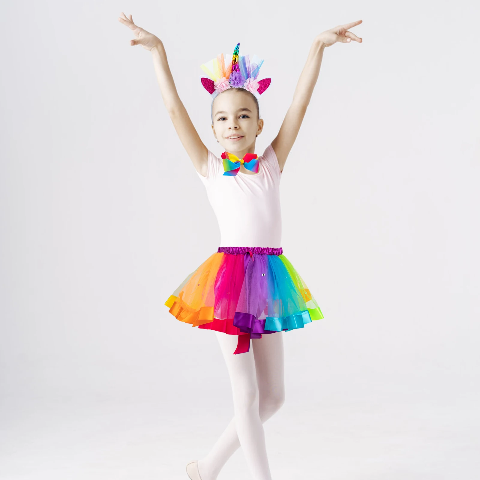 

1 set Short Skirt Headband Hair Clip Unicorn Tutu Set For Girls Rainbow Costume Decorative Outfit Party Cosplay Dress Colorful